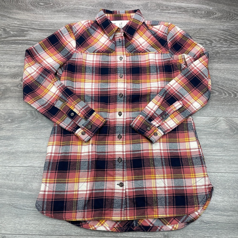 Duluth Folklore Shirt Womens XS Pink Plaid Flannel Tunic Top Button Up Soft